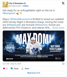 Mitch Marner and Max Domi Headline Maple Leafs Taking Part in 'Hockey Night in Brampton' Exhibition Event